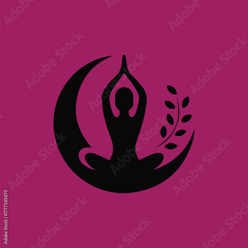 Quadro su tela Yoga Silhouette with Crescent Moon and Leaf on Purple Background, Meditation and