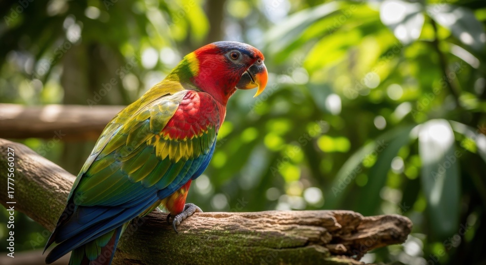 Obraz premium Colorful Parrot Perched on a Branch Amidst Lush Greenery.