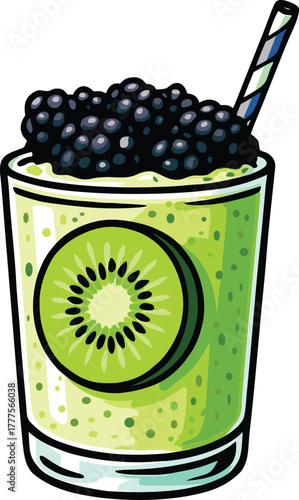 A refreshing green kiwi smoothie served in a glass with a slice of kiwi on the side and topped with fresh blackberries. Ideal for promoting healthy drinks, summer menus, wellness themes
