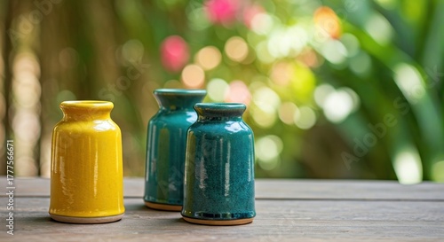 Three small, glazed ceramic vases sit on a weathered wooden surface with blurred foliage behind