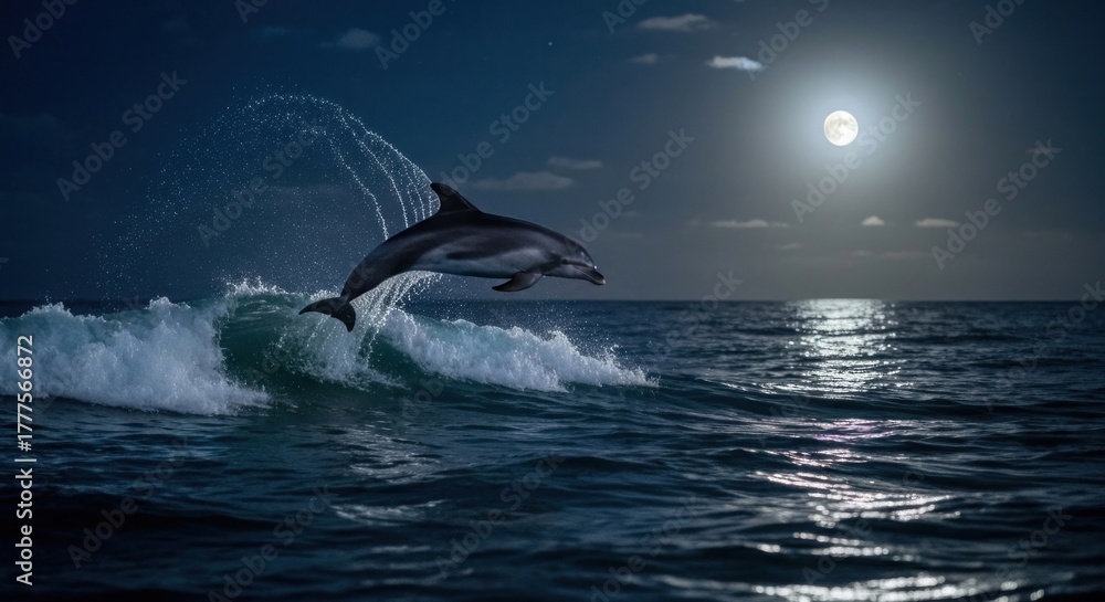 Naklejka premium Dolphin leaps moonlit ocean waves