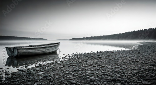 Tranquil grayscale scene wooden boat on still lake, misty horizon, pebble shore