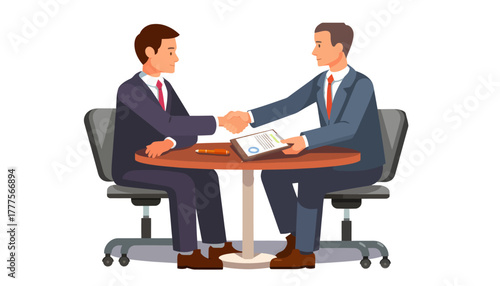 Two businessmen shaking hands over a document on a table in a minimalist office setting with a professional mood.