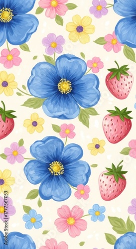 Wallpaper Mural Floral  fruit pattern blue flowers small blossoms pink yellow purple  strawberries scattered on a light background Torontodigital.ca