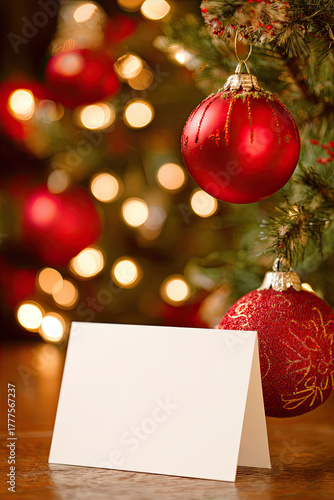 Blank white place card beside red ornament on wooden table