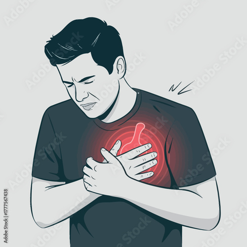 Human Chest Pain Illustration with Man Holding Chest and Radiating Discomfort Effects
