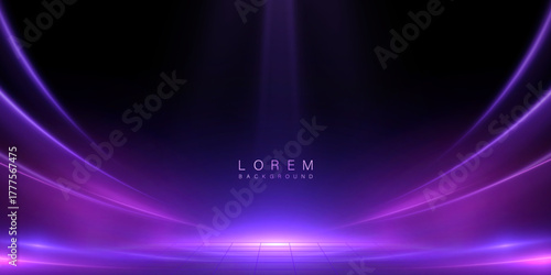 Purple curved light stage with soft glow and top spotlight on dark background. Futuristic luminous backdrop for tech banners, show promos and digital visuals.