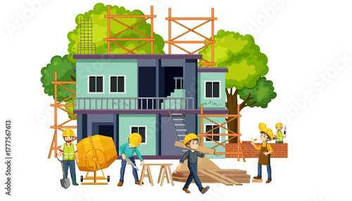 Illustration of construction workers building a house with scaffolding and tools
