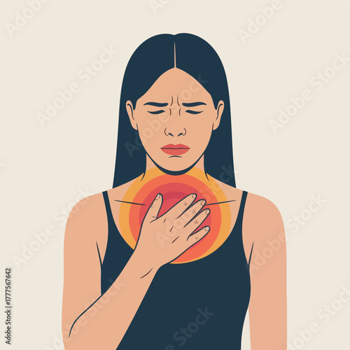 Woman Experiencing Chest and Neck Pain Illustration with Radiating Discomfort