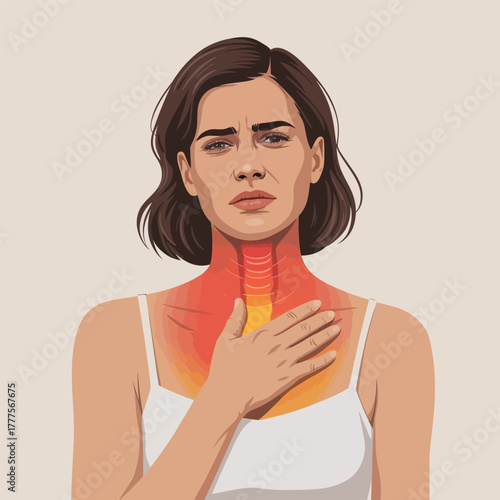 Woman Experiencing Chest and Neck Pain Illustration with Radiating Discomfort