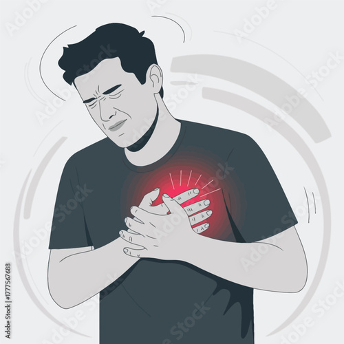 Human Chest Pain Illustration with Man Holding Chest and Radiating Discomfort Effects