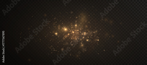 Glowing gold dust with swirls and floating sparks on a black background. Warm particles explode into a soft glowing haze to create magical light overlays.