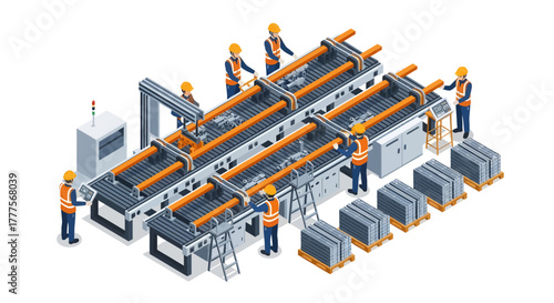 Isometric illustration of workers operating and maintaining an industrial production line with conveyor belts and machinery.