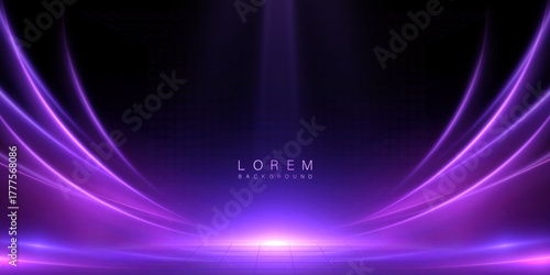 Purple curved light stage with soft glow and top spotlight on dark background. Futuristic luminous backdrop for tech banners, show promos and digital visuals.	