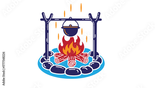 Campfire cooking with a pot over flames