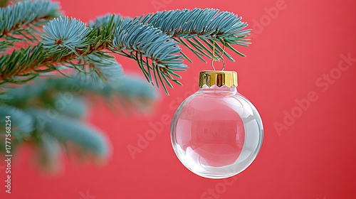 A clear glass Christmas ornament hanging from a pine branch against a red background