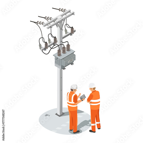Two workers in orange safety gear inspecting an electrical substation with a clipboard
