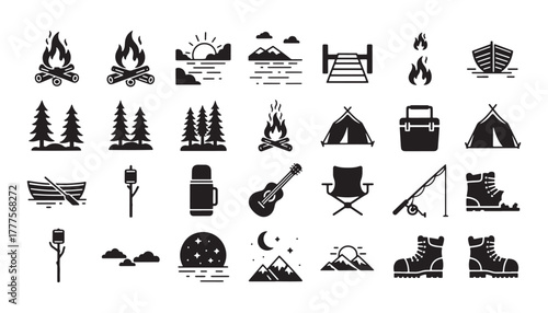 Camping and outdoor adventure icons set