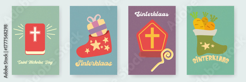 Sinterklaas Saint Nicholas Day COSY Poster Vector Set, Traditional Dutch Holiday Celebration Cards, Boots with Carrots, Gift in Red Boot, Mitre, Holy Book, Childrens Winter Festival Graphics