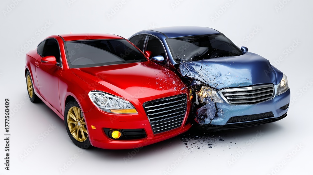 Naklejka premium A red and blue car in a head-on collision, showcasing damage on the blue car's front, modern design, studio lighting