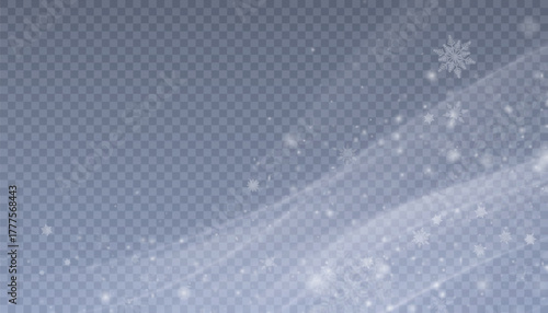 Tableau sur toile Winter background with wavy snow lines and flying snowflakes and a blizzard effect on a transparent background