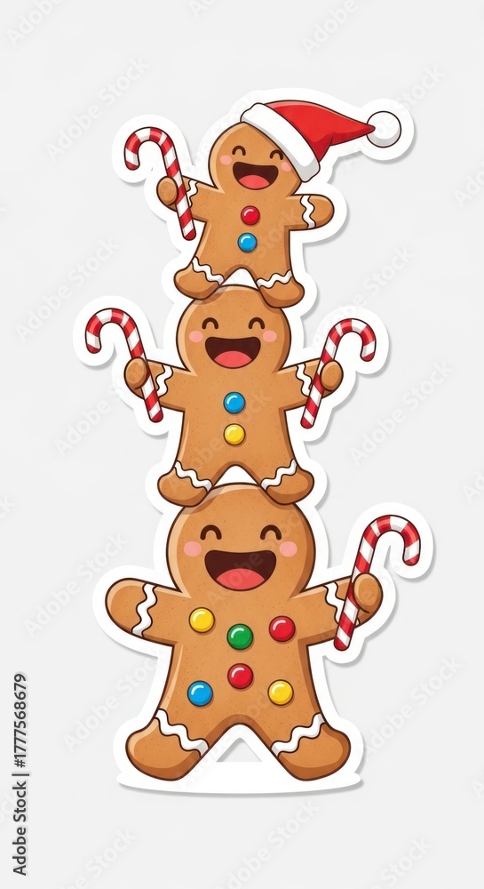 Naklejka premium Three gingerbread men are stacked on top of each other The top one wears a Santa hat and they all hold candy canes