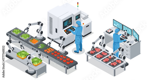 Illustration of two workers in blue suits operating industrial food processing machinery with robotic arms on a conveyor belt.