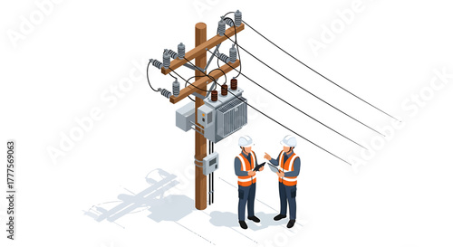 Two electricians in orange vests inspecting a utility pole with transformers and power lines against a white background