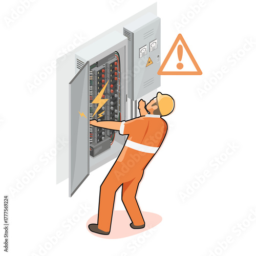 Illustration of a worker in an orange uniform experiencing electrical shock while interacting with an electrical panel