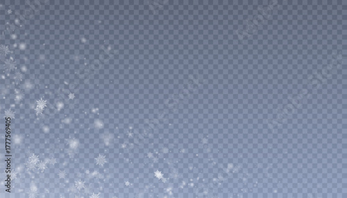 Winter background with wavy snow lines and flying snowflakes and a blizzard effect on a transparent background.
