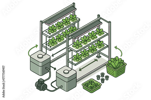 Vertical hydroponic farming system setup showing plant growth racks, water circulation, and nutrient tanks