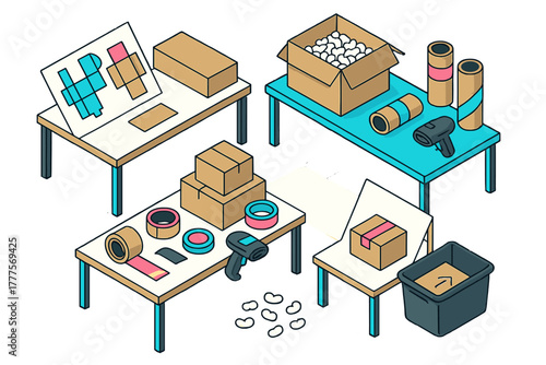 Logistics workspace with tables, cardboard boxes, packing tape, peanuts, and scanning equipment