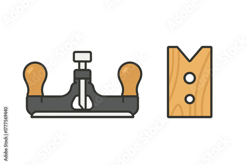 Traditional router plane hand tool used for woodworking next to a wooden jig