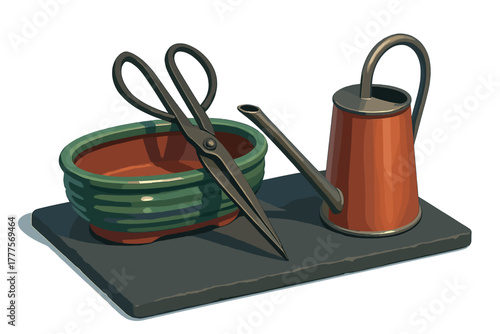 Traditional Japanese bonsai tools set with pruning shears, watering can, and ceramic pot on dark slate