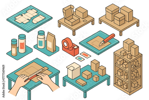Isometric set showing the process of packaging design, creation, and storage of various containers and products