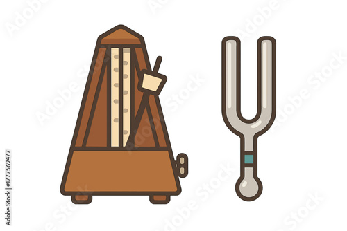 Classic wooden metronome and metal tuning fork essential tools for musical timing and pitch