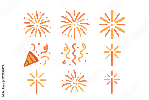 Festive celebration elements set featuring exploding fireworks, glowing sparklers, and bursting party poppers with confetti