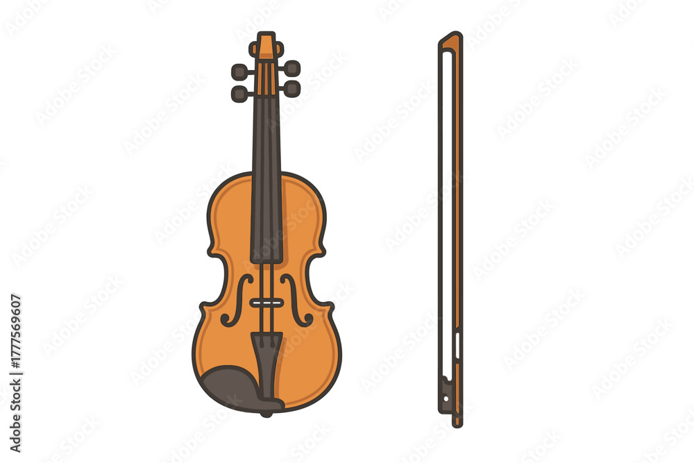Naklejka premium Classic wooden violin string instrument with bow for musical performance
