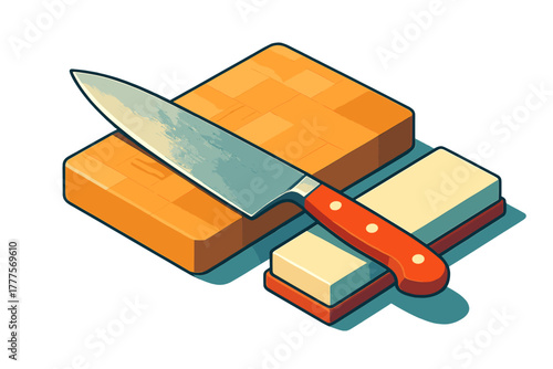 Professional chef knife resting on a wooden cutting board next to a block of butter in isometric view