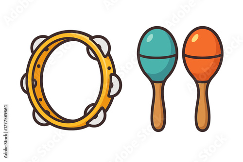 Colorful tambourine and maracas set of percussion instruments isolated on white