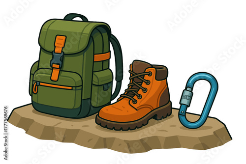 Outdoor adventure gear set with backpack hiking boot and climbing carabiner