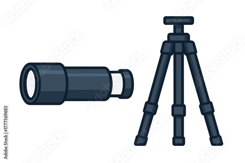 Portable optical device resembling a telescope or monocular next to a collapsible tripod stand