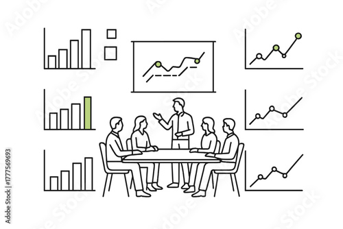 Business team analyzing performance charts during a boardroom meeting and strategic discussion
