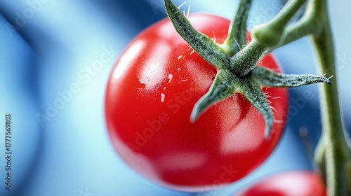Close-up of a fresh, ripe red cherry tomato with water droplets on its green vine against a soft