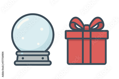 Clear crystal ball and wrapped red gift box for holiday and fortune telling themes