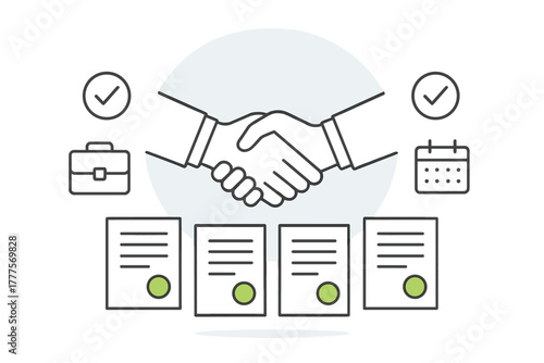 Business agreement handshake with contract documents and deal confirmation icons