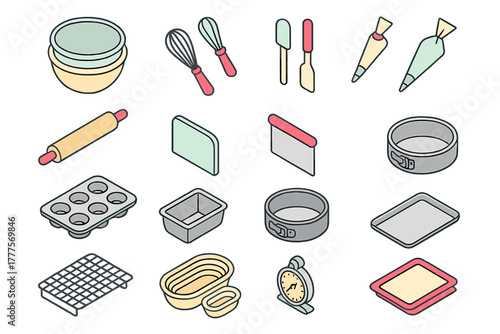Essential baking tools kitchen equipment and pastry supplies in isometric style