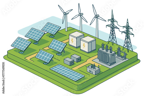 Isometric view of a sustainable energy system featuring solar panels, wind turbines, battery storage, and a power substation