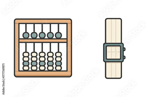 Traditional abacus counting tool next to a modern digital wristwatch representing time and calculation