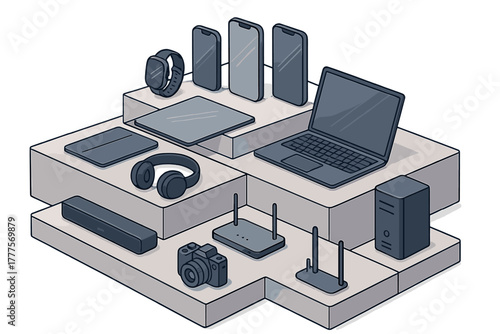 Isometric display of modern consumer electronics and networking devices on tiered platforms